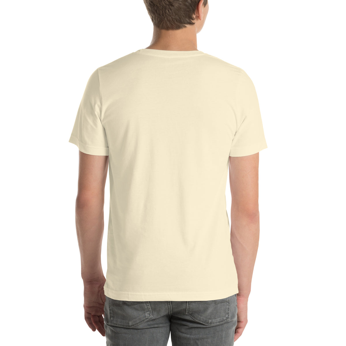 Psychic Is In design, playful floating clouds beneath a banner that reads Psychic Is Open for Business, on a natural unisex t-shirt, back view
