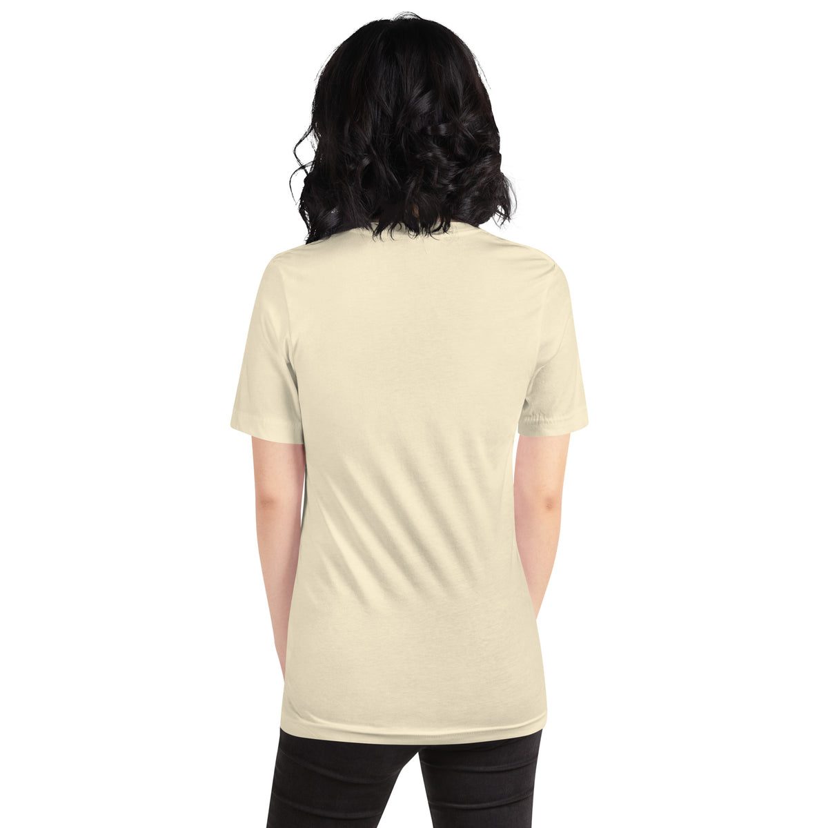 Chaos Coordinator whimsigoth design, a witchy black cat in a pointed hat, on a natural unisex t-shirt, back view