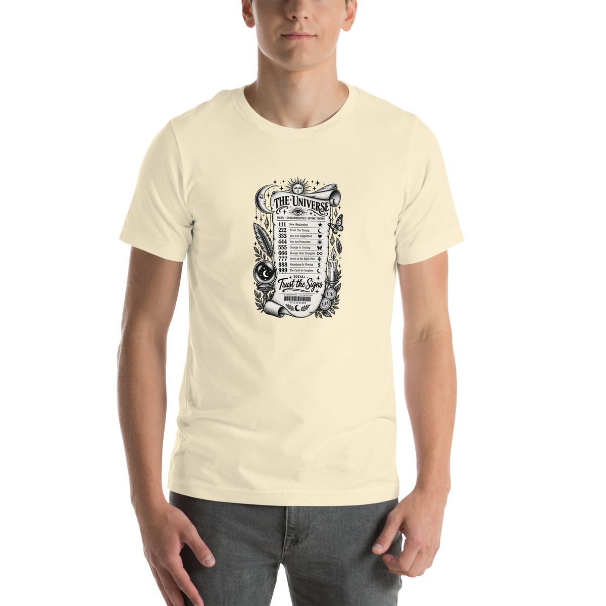 Trust the Signs design, a receipt from the Universe listing the angel numbers and their meanings, with a crystal ball and a candle, on a natural unisex t-shirt, front view