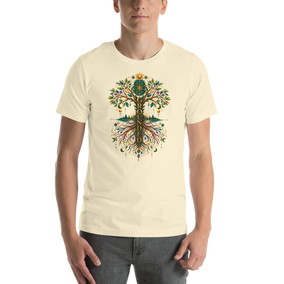 Grounded in Divine Energy design, on a natural unisex t-shirt, front view