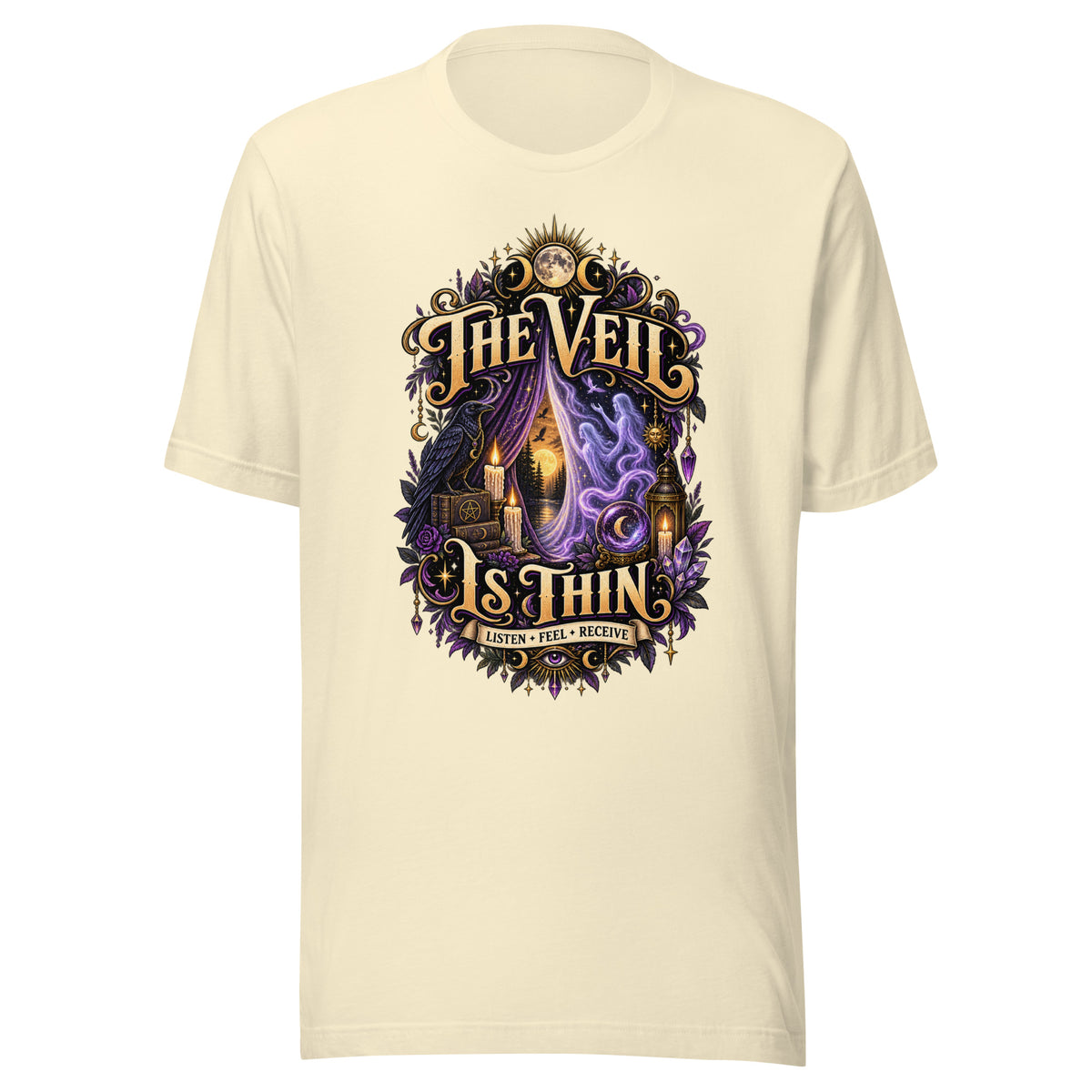The Veil Is Thin whimsigoth design, a raven, candles and spirits rising through a parted veil, on a natural unisex t-shirt, front view