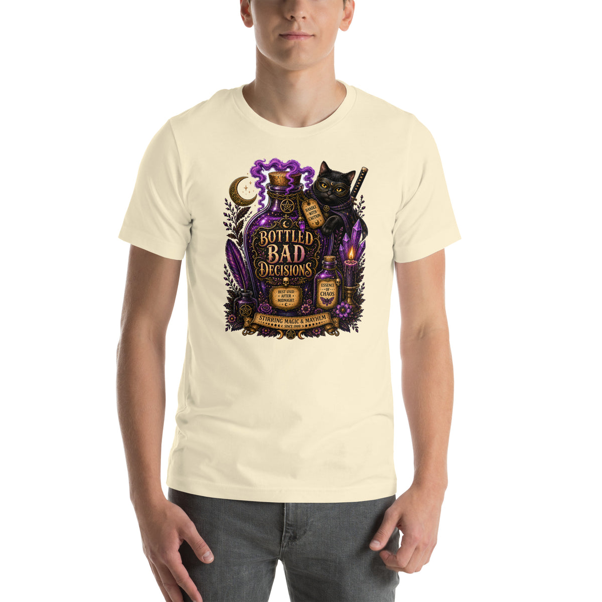 Bottled Bad Decisions whimsigoth design, a black cat and a glowing potion bottle, on a natural unisex t-shirt, front view
