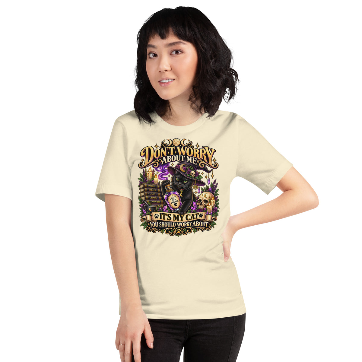 It's My Cat You Should Worry About black cat design on a Natural unisex t-shirt, front view