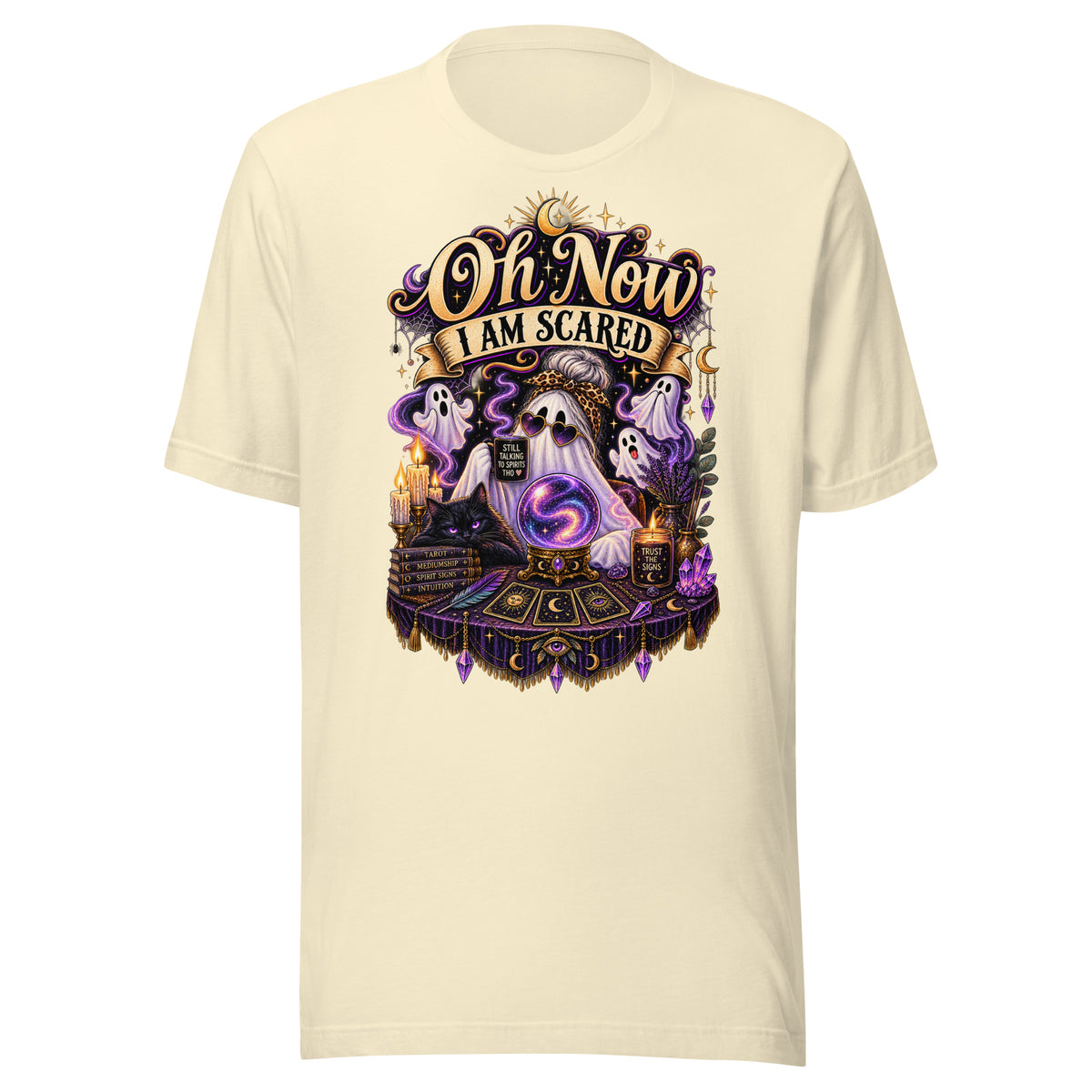 Oh Now I Am Scared design, a ghost in heart sunglasses reading a crystal ball with tarot cards, on a natural unisex t-shirt, front view