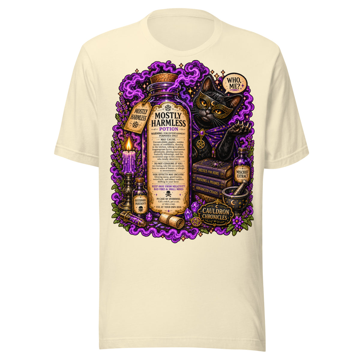 Mostly Harmless design, a potion bottle and a masked black cat, on a natural unisex t-shirt, front view