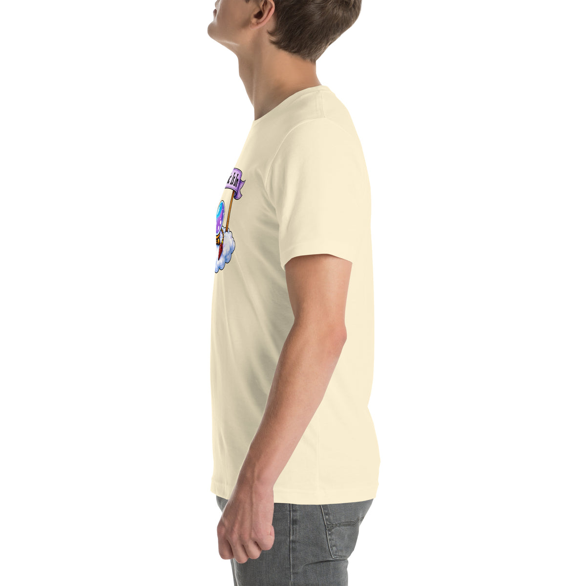 Psychic Is In design, playful floating clouds beneath a banner that reads Psychic Is Open for Business, on a natural unisex t-shirt, left side view