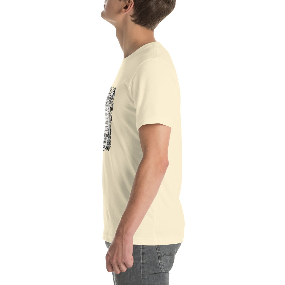Trust the Signs design, a receipt from the Universe listing the angel numbers and their meanings, with a crystal ball and a candle, on a natural unisex t-shirt, left side view