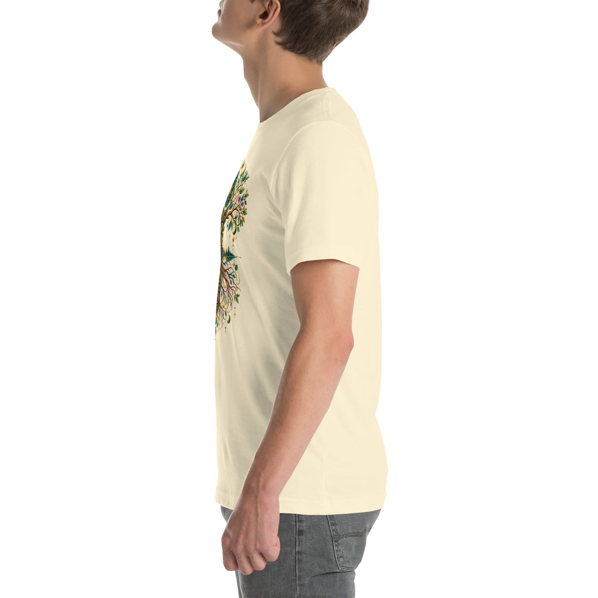 Grounded in Divine Energy design, on a natural unisex t-shirt, left side view