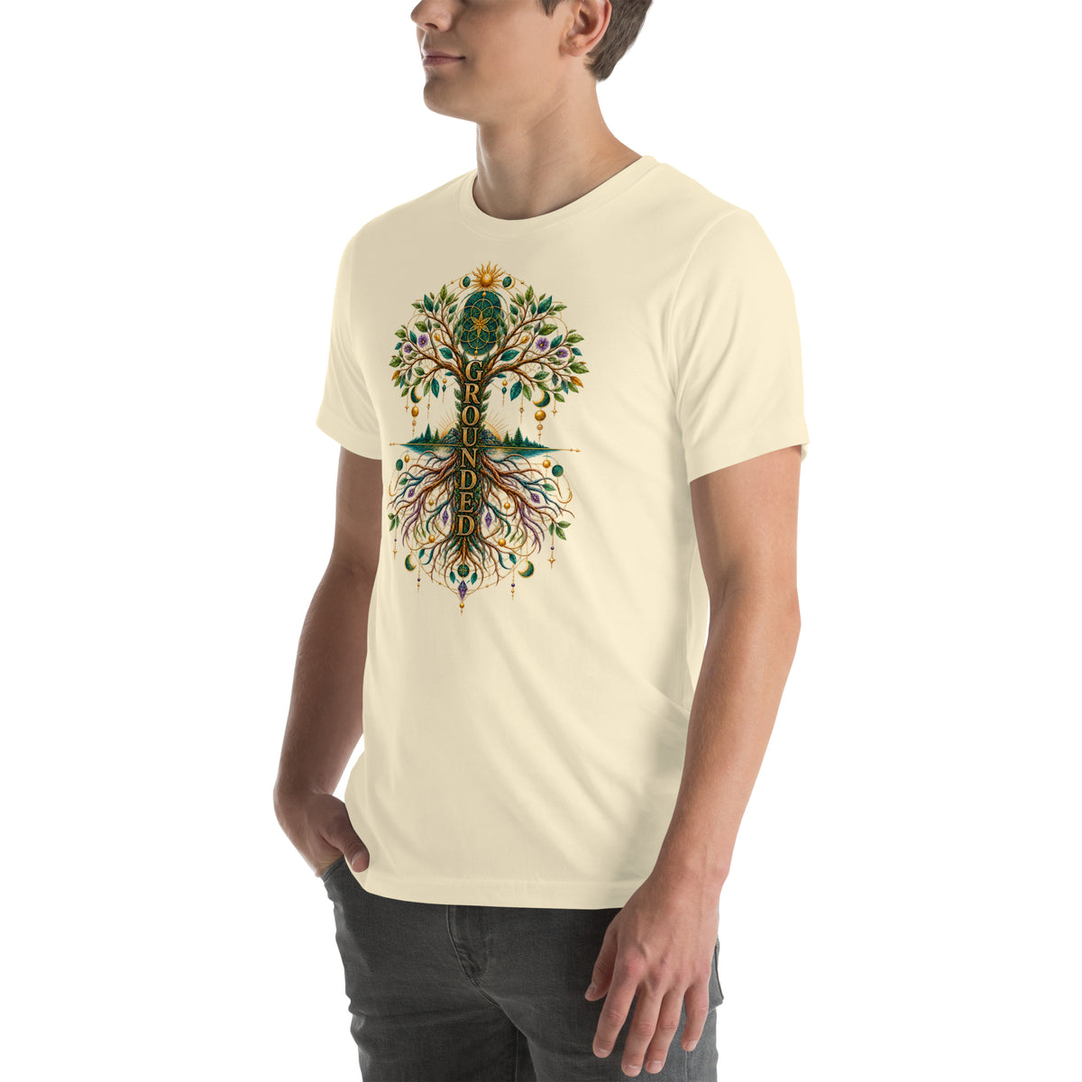 Grounded in Divine Energy design, on a natural unisex t-shirt, angled left front view