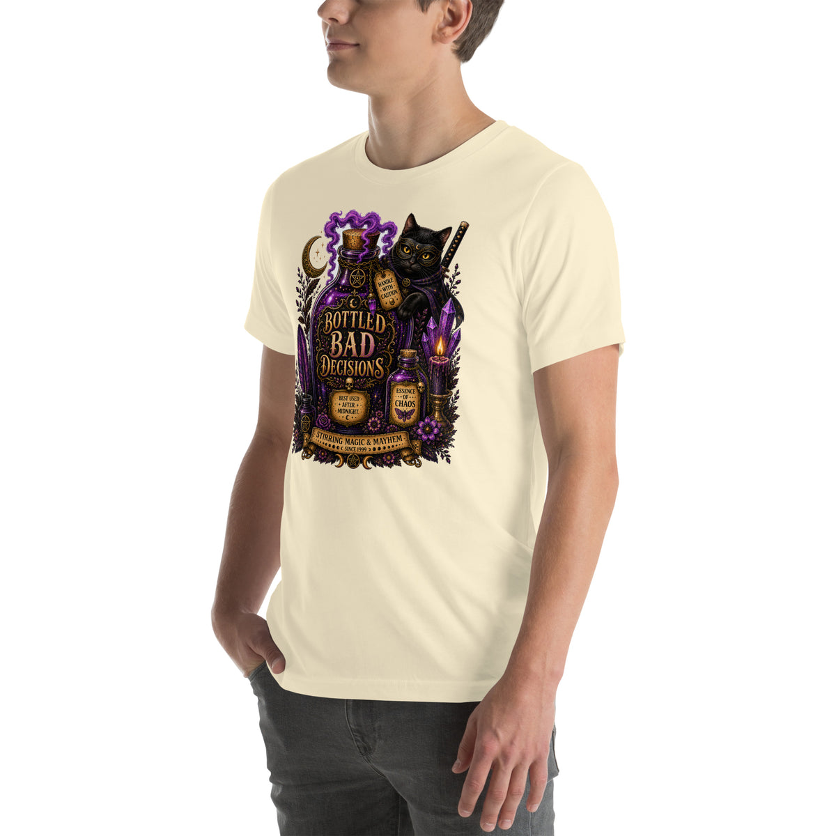 Bottled Bad Decisions whimsigoth design, a black cat and a glowing potion bottle, on a natural unisex t-shirt, left front view