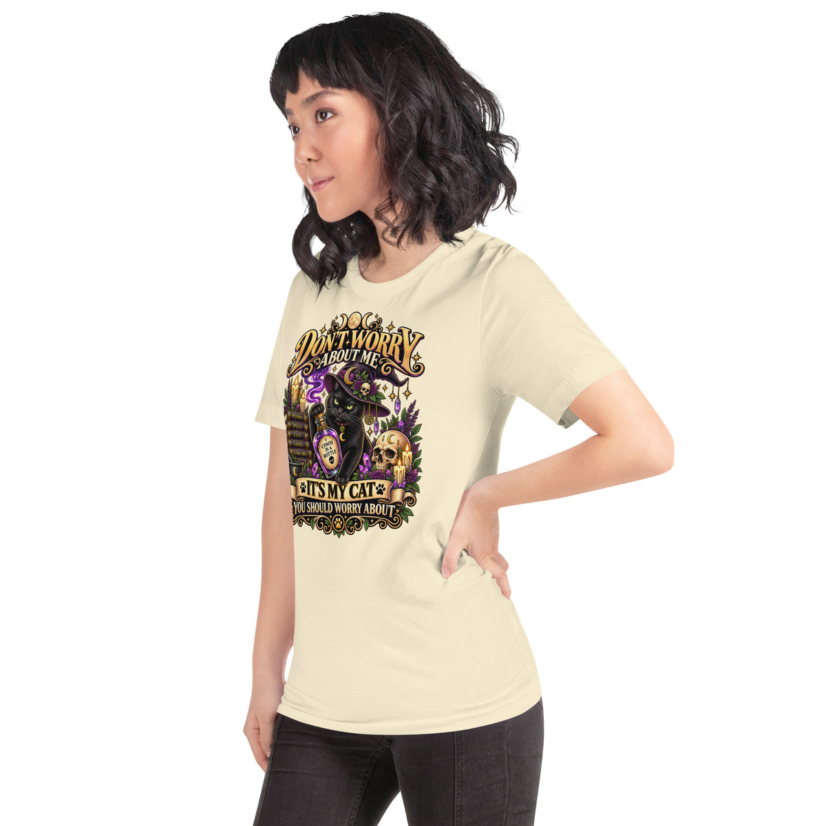 Model wearing a Natural It's My Cat You Should Worry About t-shirt, left side view