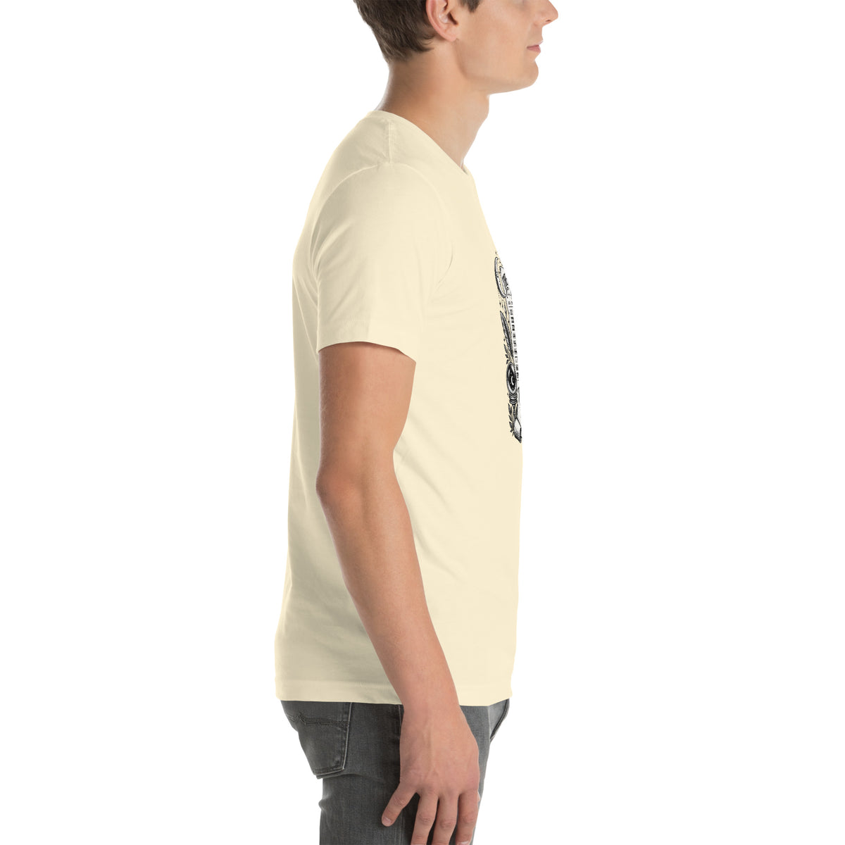 Trust the Signs design, a receipt from the Universe listing the angel numbers and their meanings, with a crystal ball and a candle, on a natural unisex t-shirt, right side view