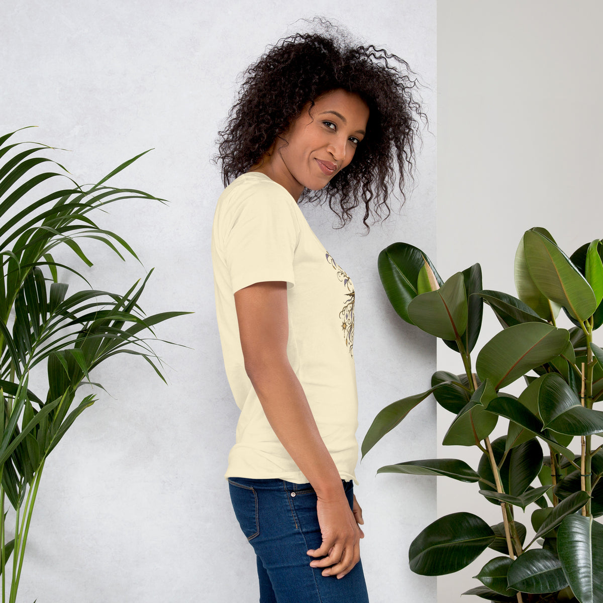Own Your Grounded Energy design, an ornate tree with gold leaves and crystals in its roots, on a natural unisex t-shirt, right side view