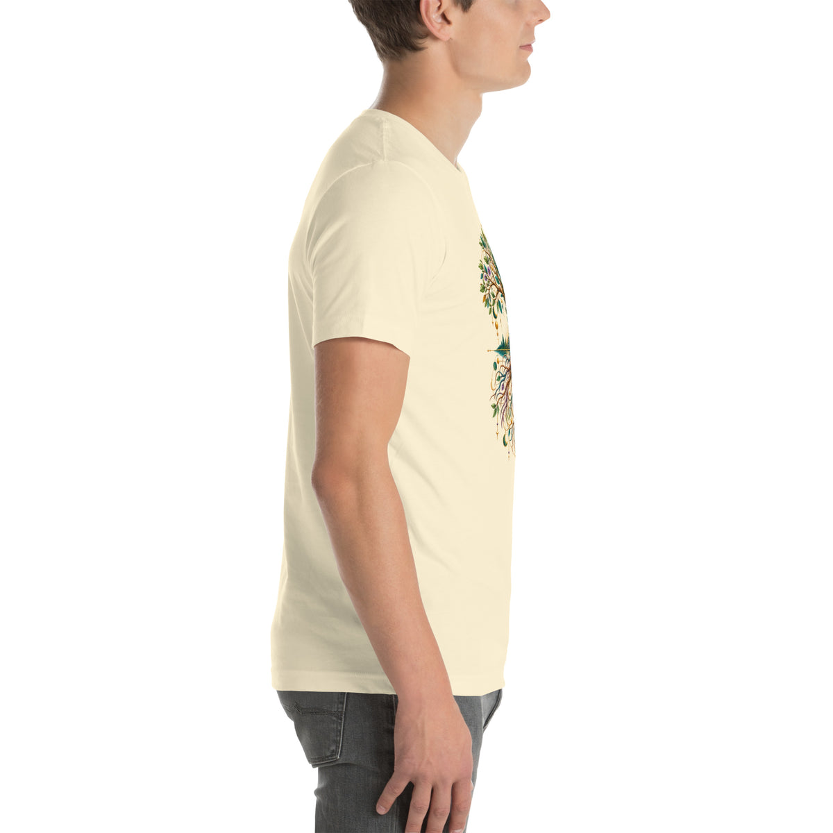 Grounded in Divine Energy design, on a natural unisex t-shirt, right side view