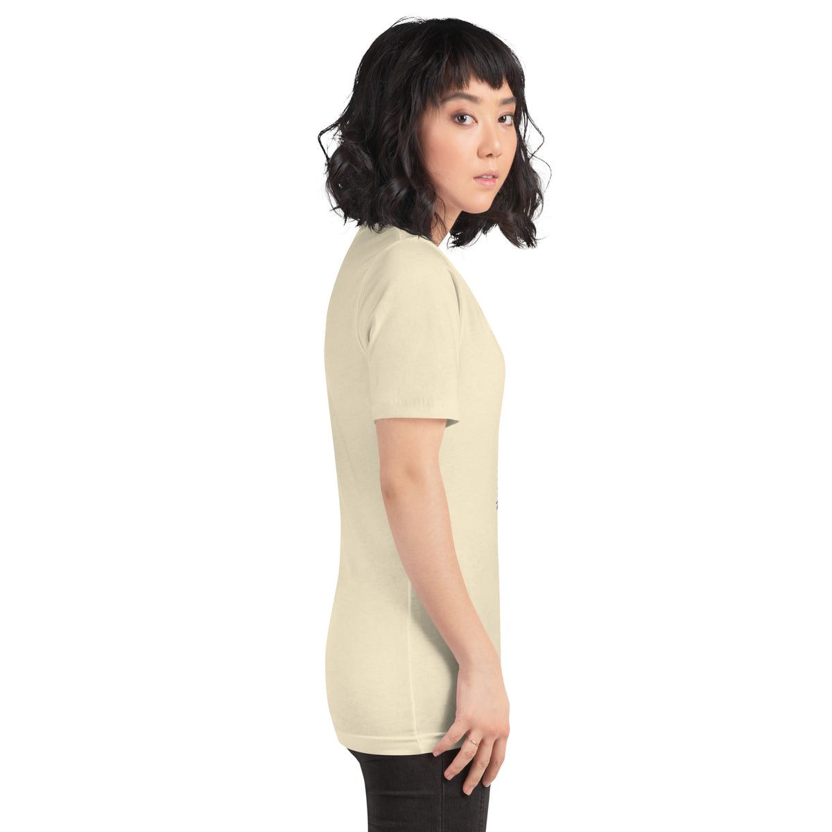 Chaos Coordinator whimsigoth design, a witchy black cat in a pointed hat, on a natural unisex t-shirt, right side view