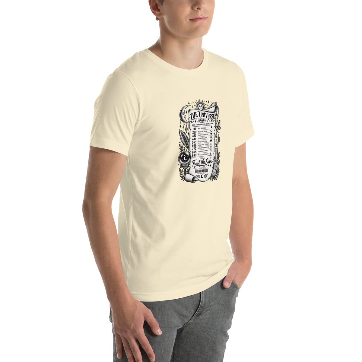 Trust the Signs design, a receipt from the Universe listing the angel numbers and their meanings, with a crystal ball and a candle, on a natural unisex t-shirt, angled right front view