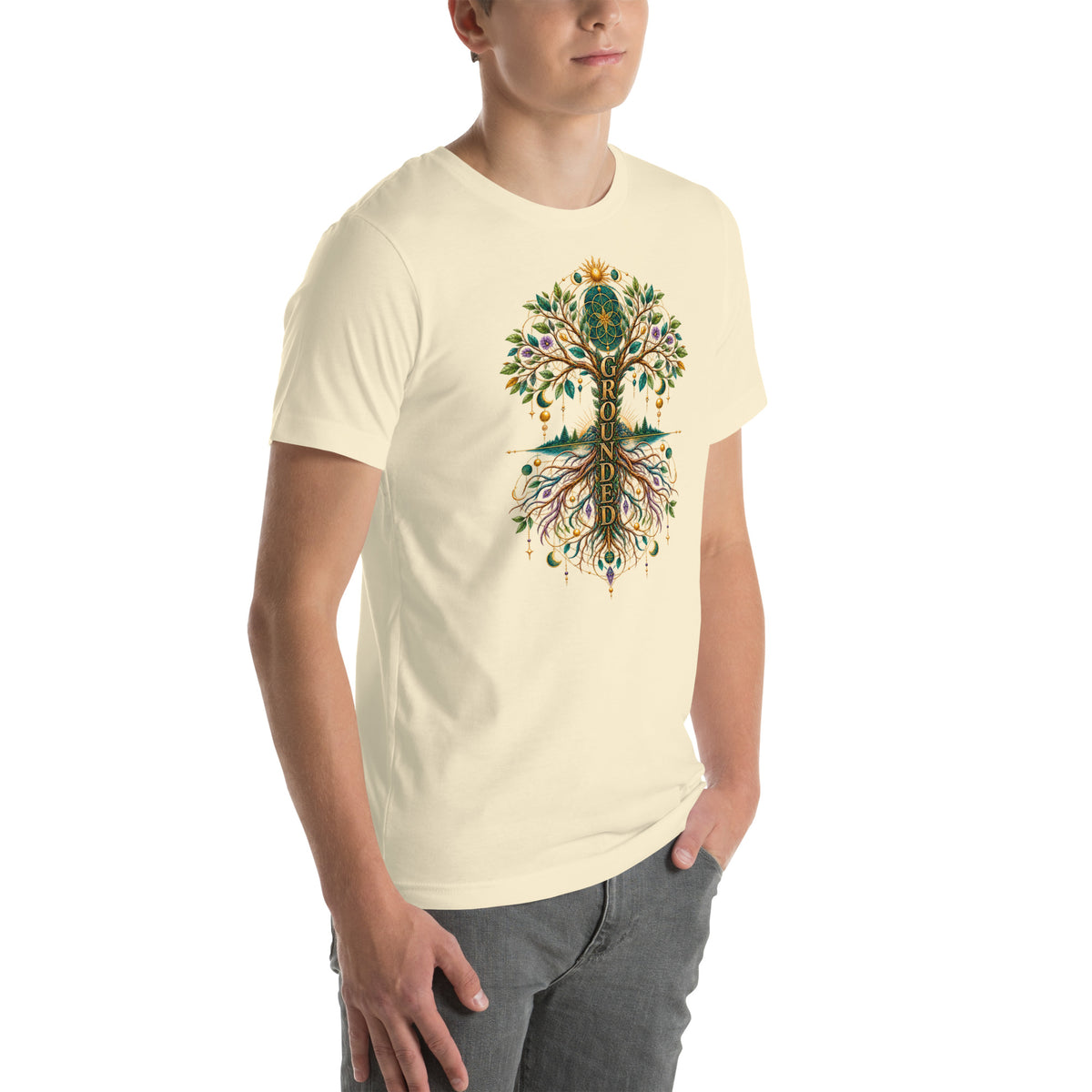 Grounded in Divine Energy design, on a natural unisex t-shirt, angled right front view