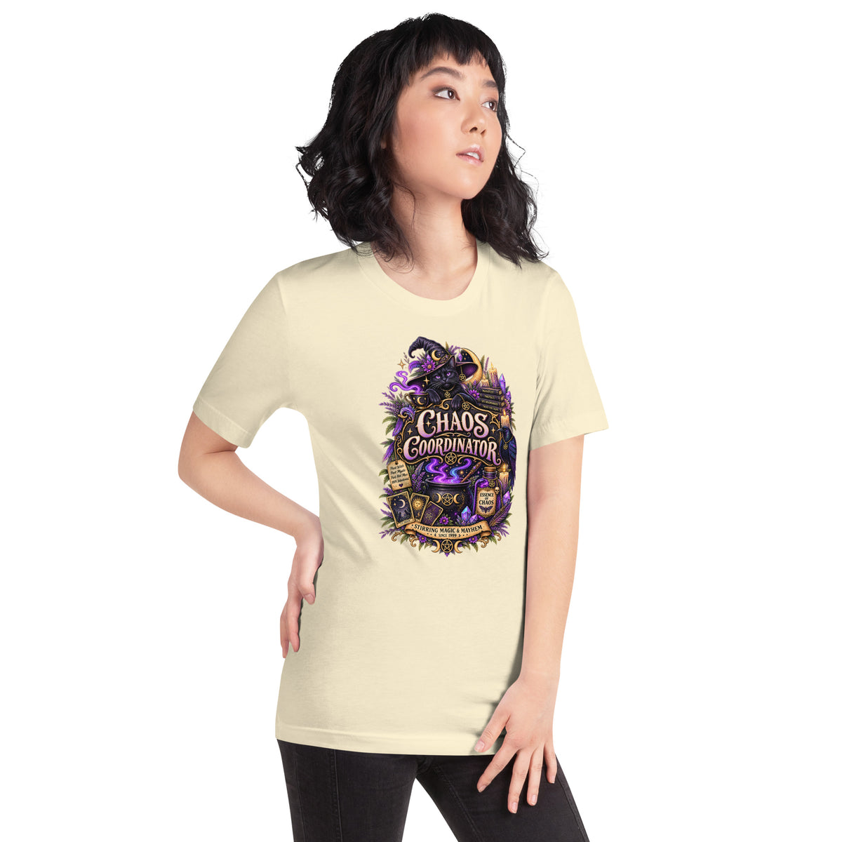 Chaos Coordinator whimsigoth design, a witchy black cat in a pointed hat, on a natural unisex t-shirt, right front view
