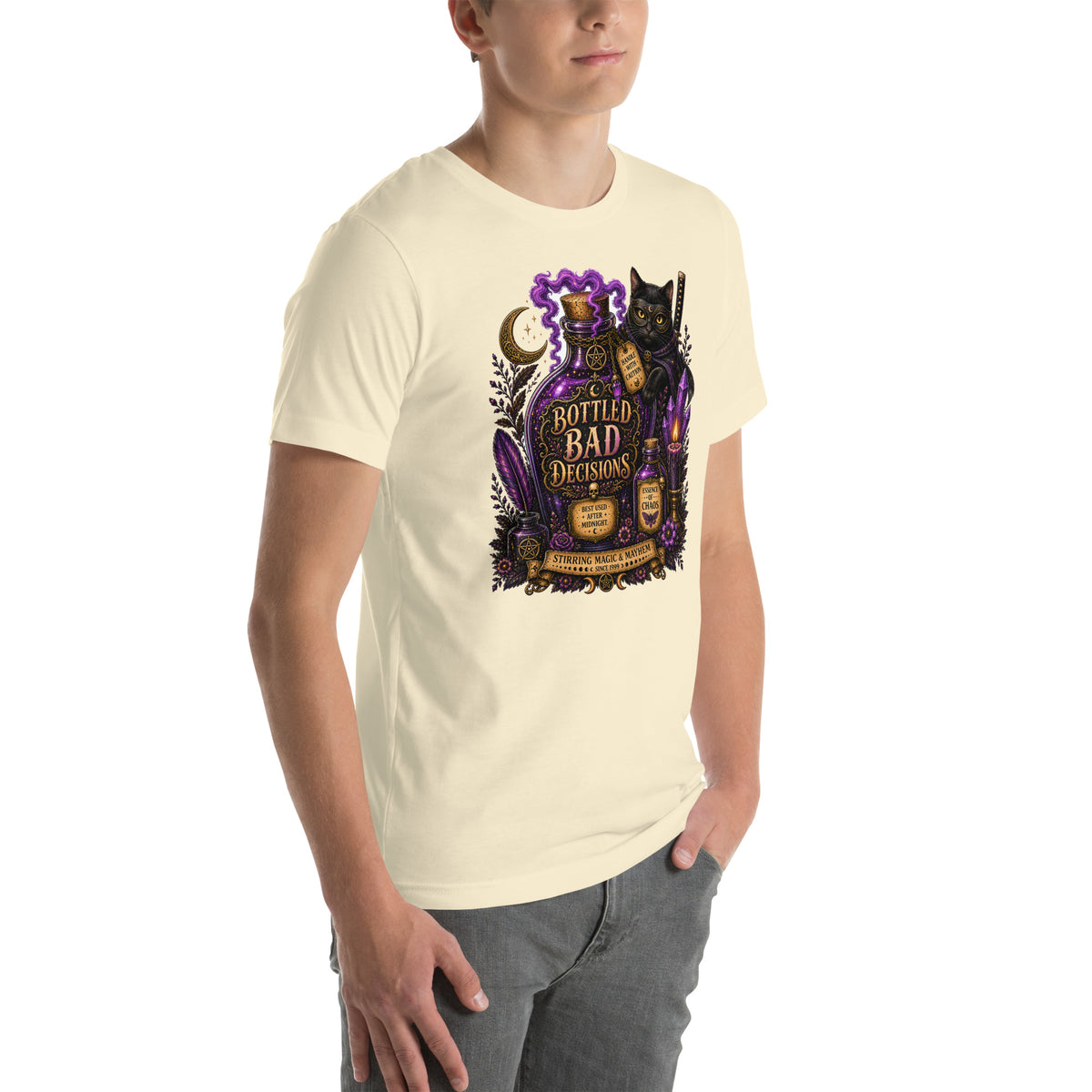 Bottled Bad Decisions whimsigoth design, a black cat and a glowing potion bottle, on a natural unisex t-shirt, right front view