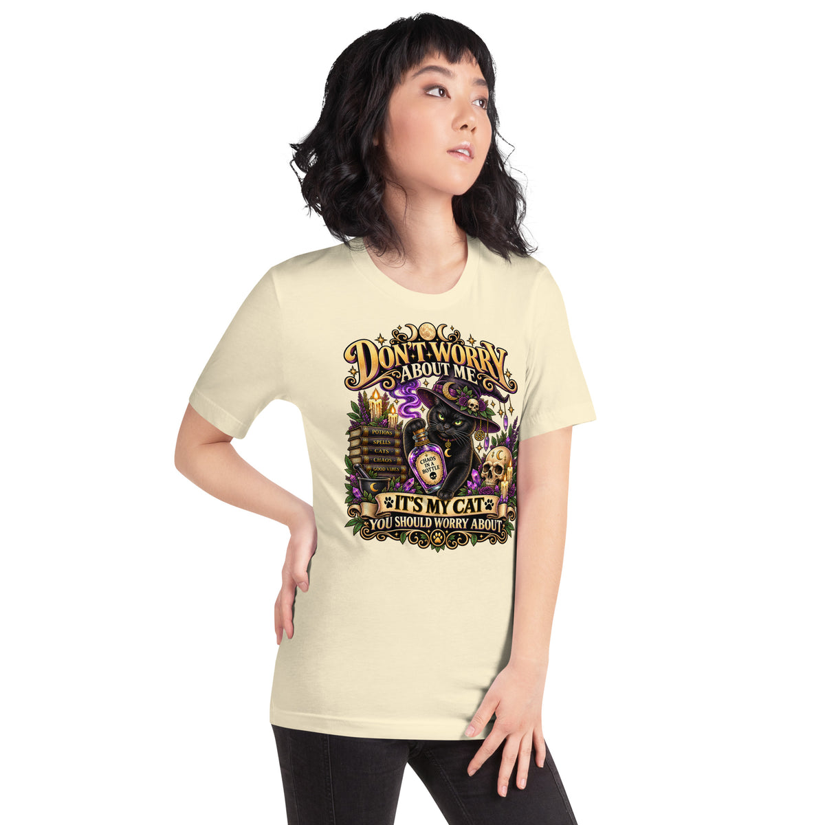 Model wearing a Natural It's My Cat You Should Worry About t-shirt, right side view