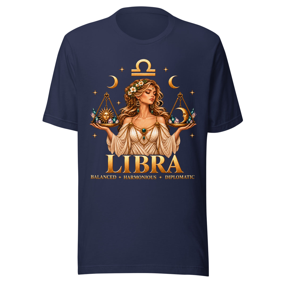 Libra zodiac t-shirt in navy, front: a woman holding golden scales in a night sky of gold stars with the Libra glyph