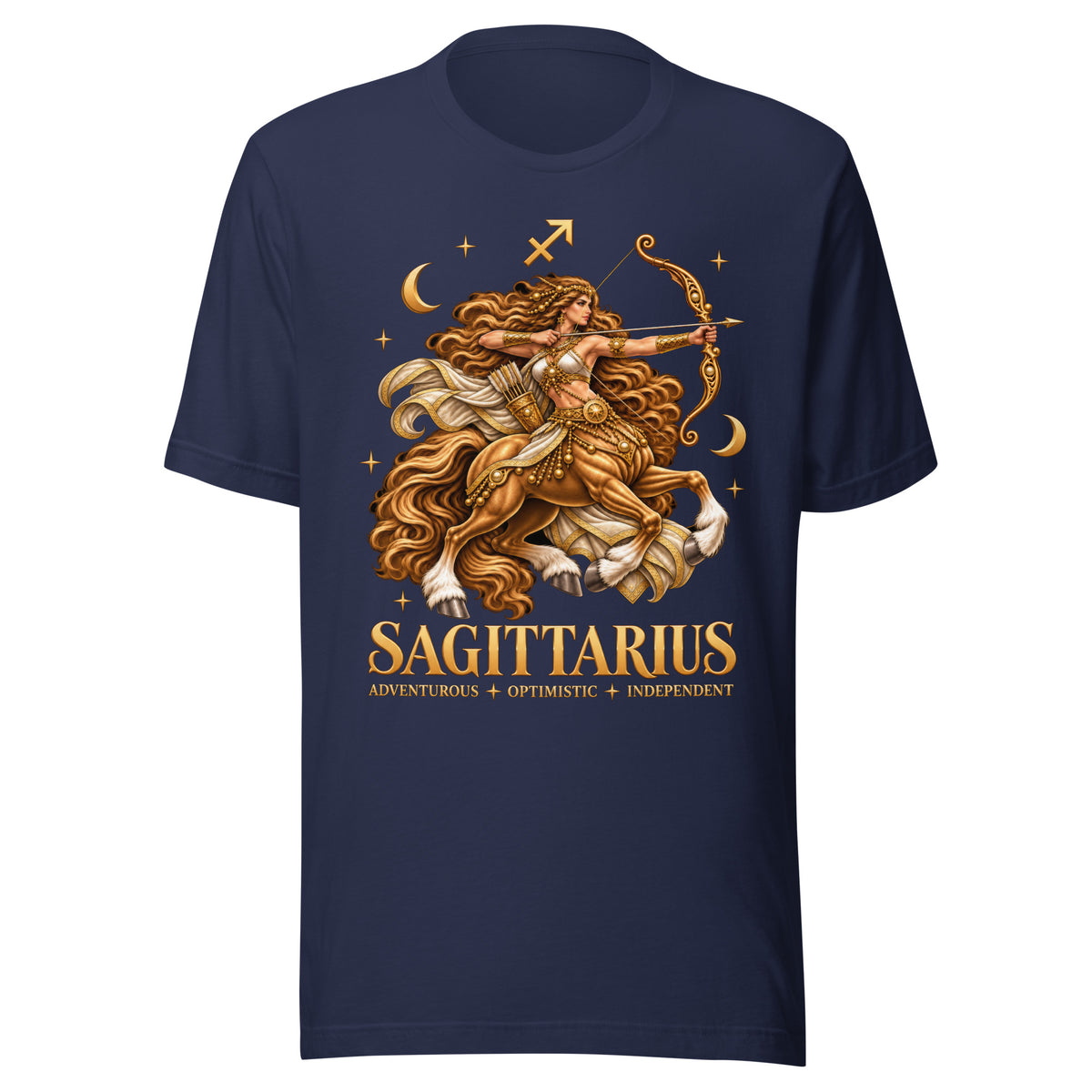 Sagittarius zodiac t-shirt in navy, front: a golden centaur archer in a night sky of gold stars with the Sagittarius glyph