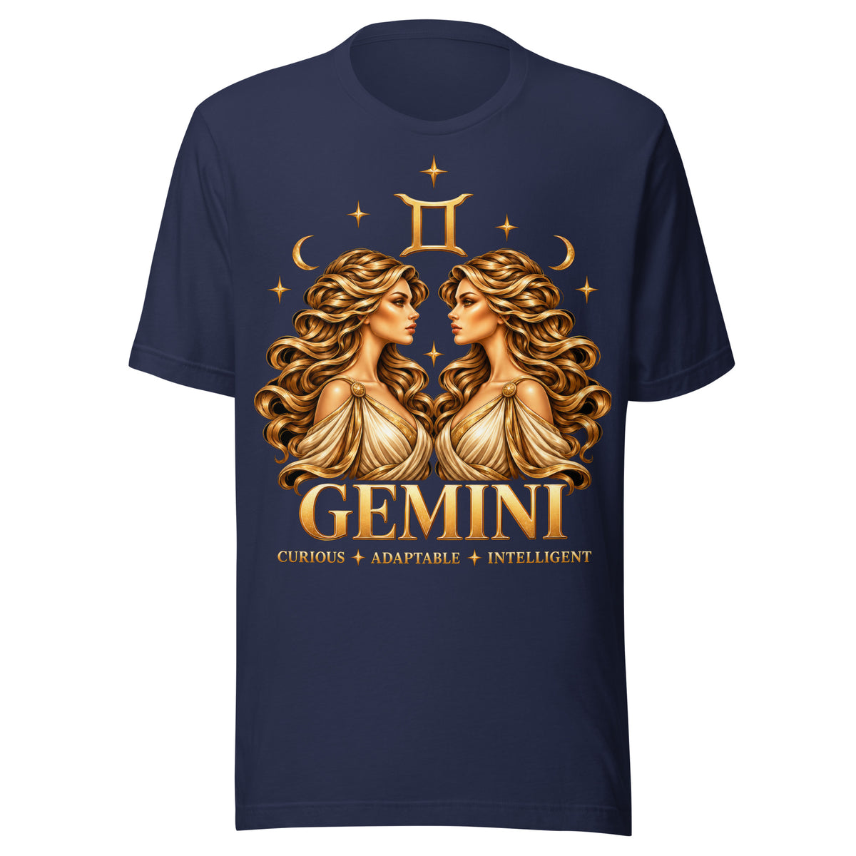 Gemini zodiac t-shirt in navy, front: golden twins face to face in a night sky of gold stars
