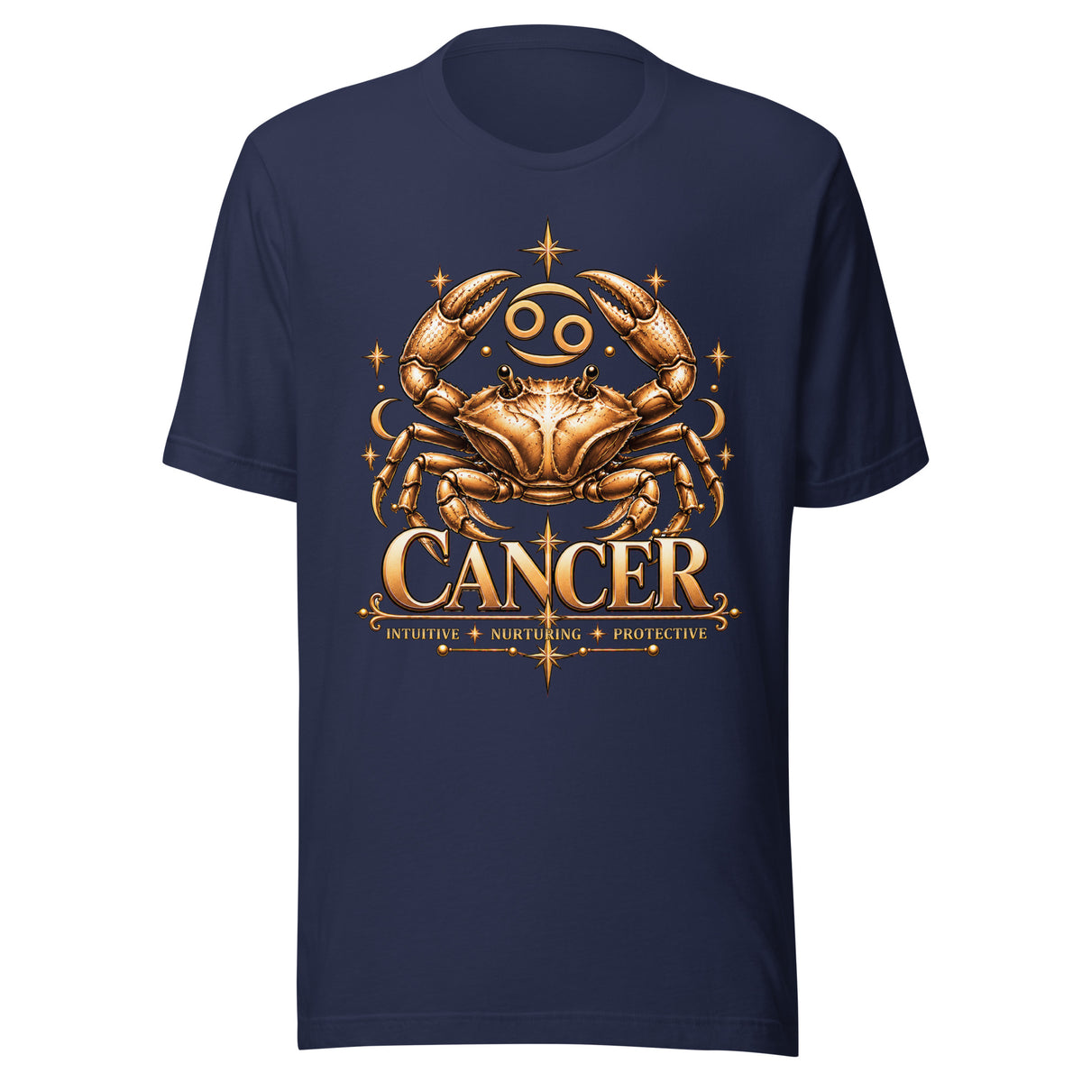 Cancer zodiac t-shirt in navy, front: a golden crab with claws raised in a night sky of gold stars