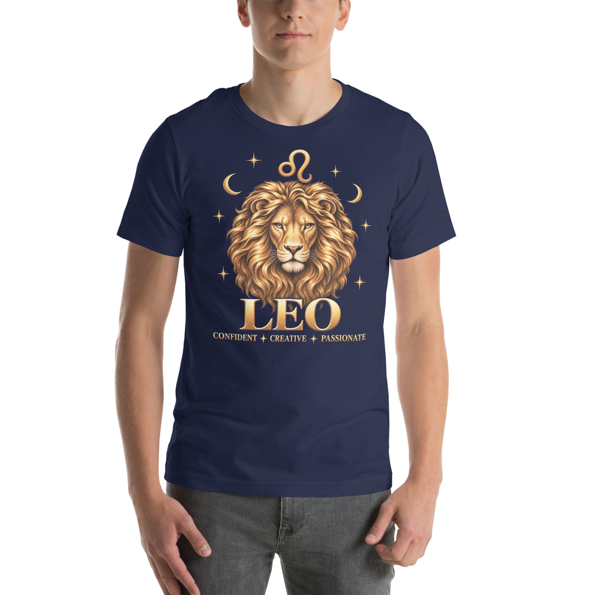 Leo zodiac t-shirt in navy, front: a golden lion with a full flowing mane in a night sky of gold stars