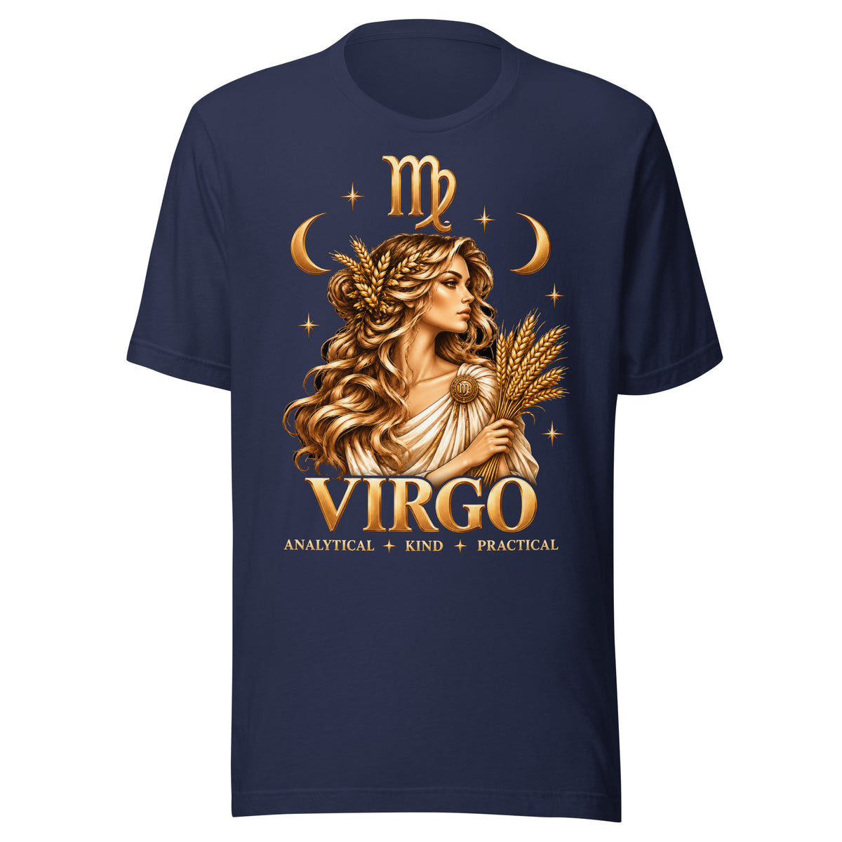 Virgo zodiac t-shirt in navy, front: a golden maiden holding a sheaf of wheat in a night sky of gold stars