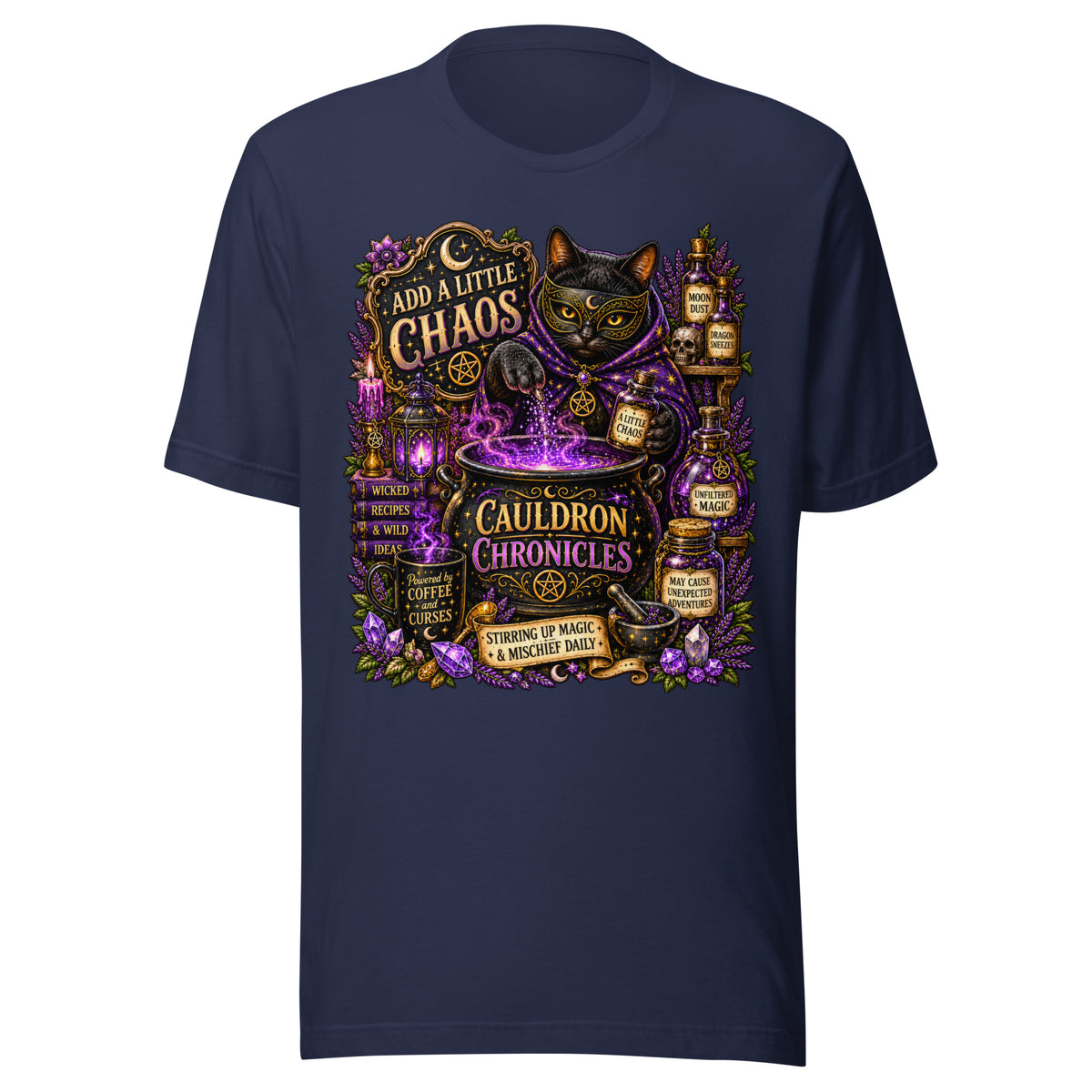 Add A Little Chaos design, a masked black cat stirring a bubbling purple cauldron, on a navy unisex t-shirt, front view