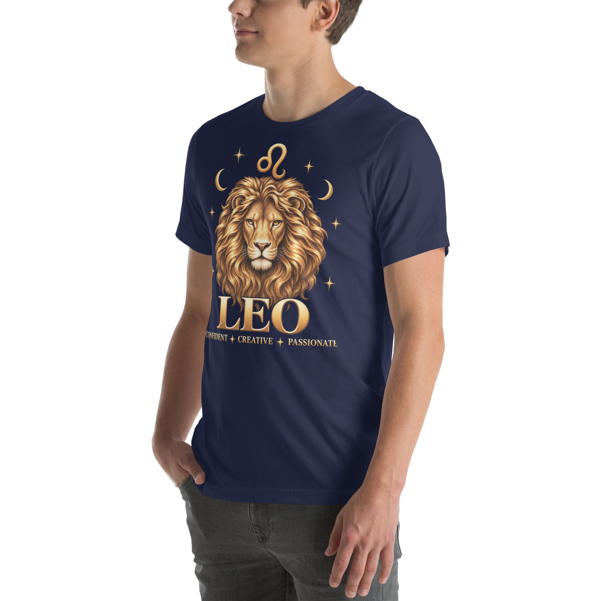Leo zodiac t-shirt in navy, front view angled left