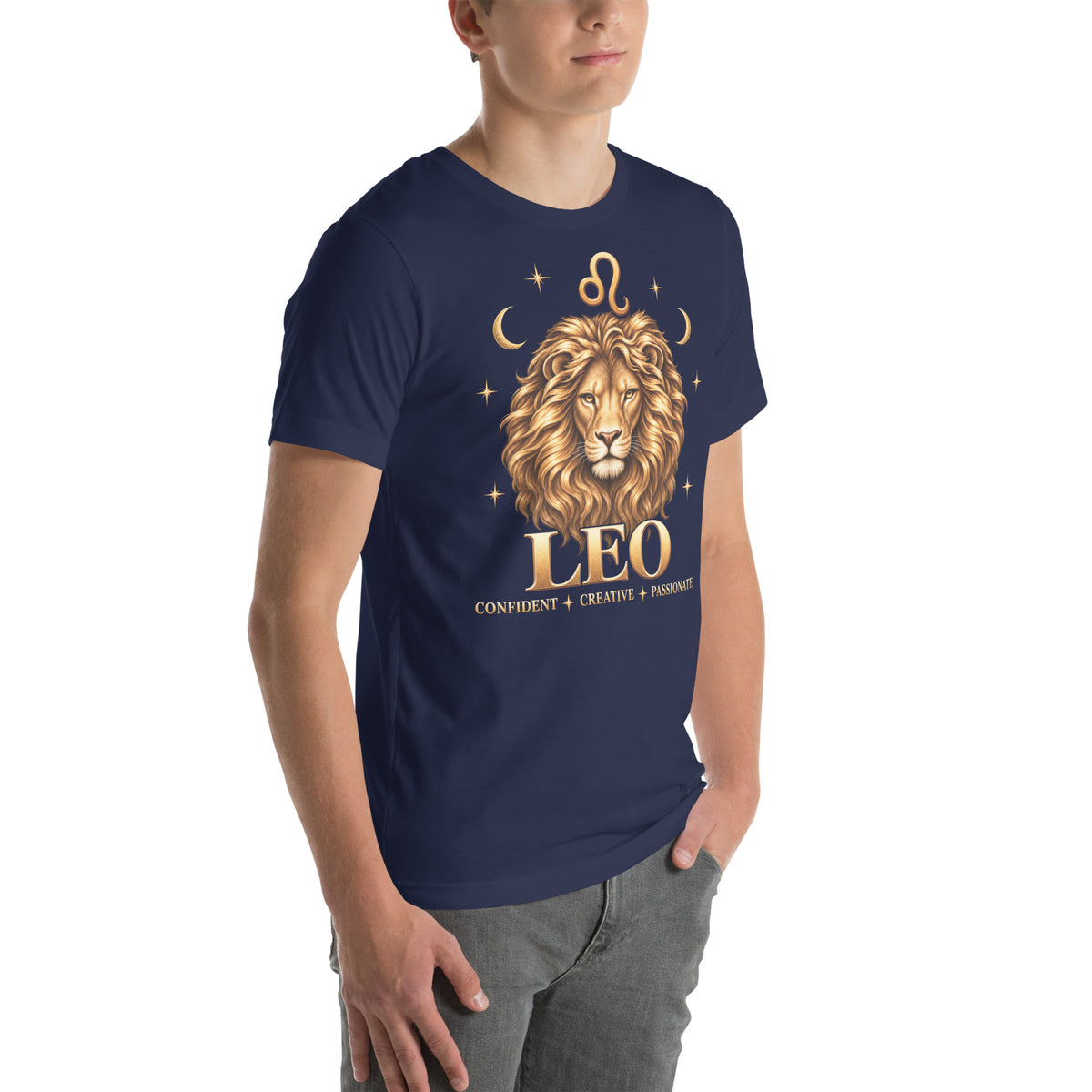 Leo zodiac t-shirt in navy, front view angled right