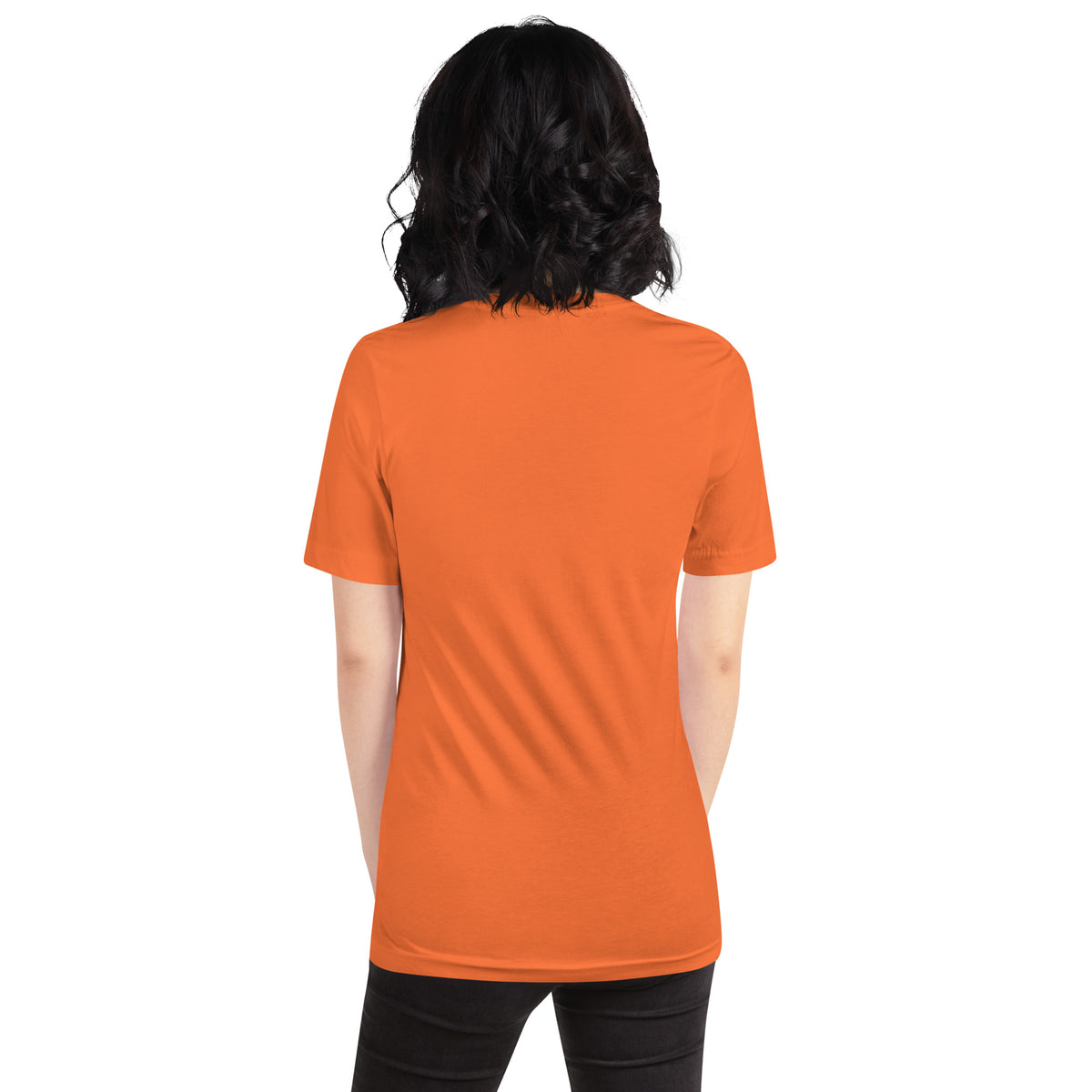 Chaos Coordinator whimsigoth design, a witchy black cat in a pointed hat, on an orange unisex t-shirt, back view