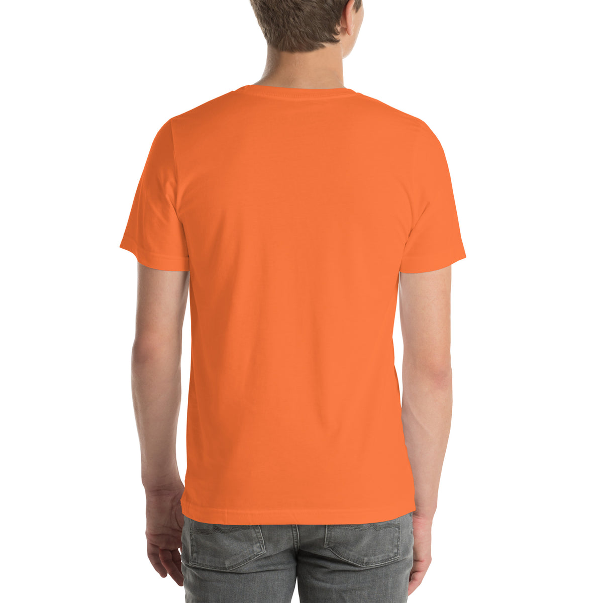 Bottled Bad Decisions whimsigoth design, a black cat and a glowing potion bottle, on an orange unisex t-shirt, back view