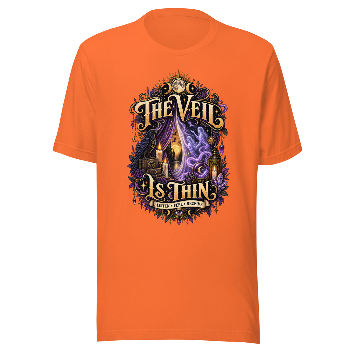 The Veil Is Thin whimsigoth design, a raven, candles and spirits rising through a parted veil, on an orange unisex t-shirt, front view