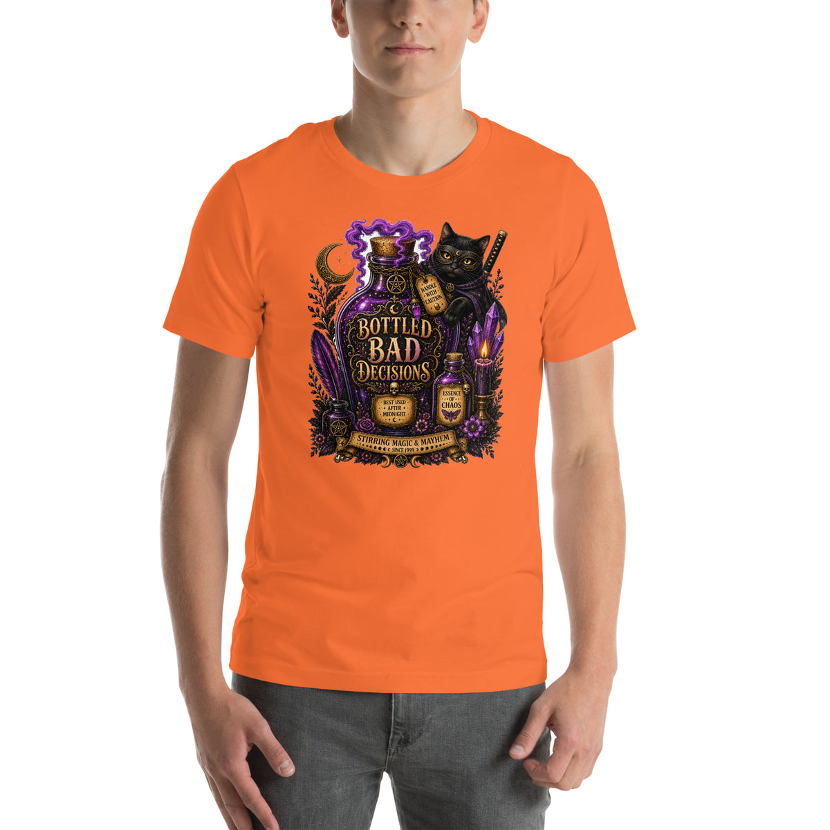 Bottled Bad Decisions whimsigoth design, a black cat and a glowing potion bottle, on an orange unisex t-shirt, front view