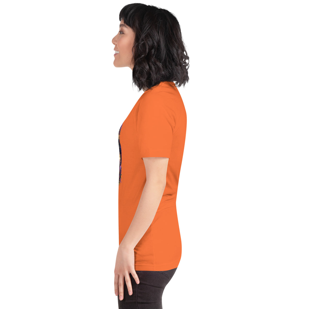 Chaos Coordinator whimsigoth design, a witchy black cat in a pointed hat, on an orange unisex t-shirt, left side view