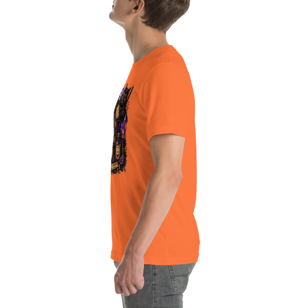Bottled Bad Decisions whimsigoth design, a black cat and a glowing potion bottle, on an orange unisex t-shirt, left side view