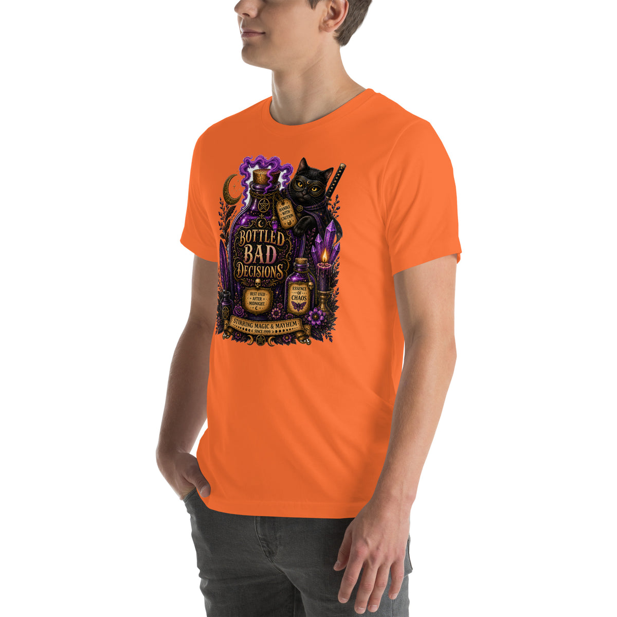 Bottled Bad Decisions whimsigoth design, a black cat and a glowing potion bottle, on an orange unisex t-shirt, left front view