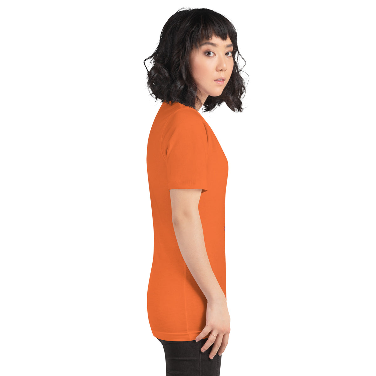 Chaos Coordinator whimsigoth design, a witchy black cat in a pointed hat, on an orange unisex t-shirt, right side view