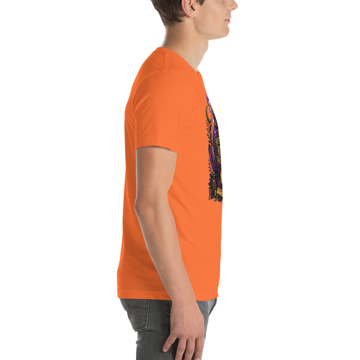 Bottled Bad Decisions whimsigoth design, a black cat and a glowing potion bottle, on an orange unisex t-shirt, right side view