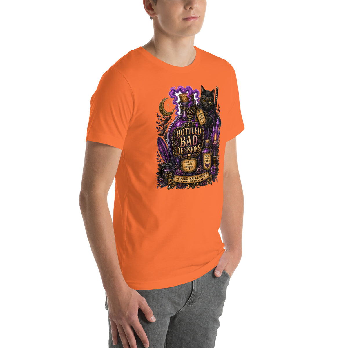 Bottled Bad Decisions whimsigoth design, a black cat and a glowing potion bottle, on an orange unisex t-shirt, right front view