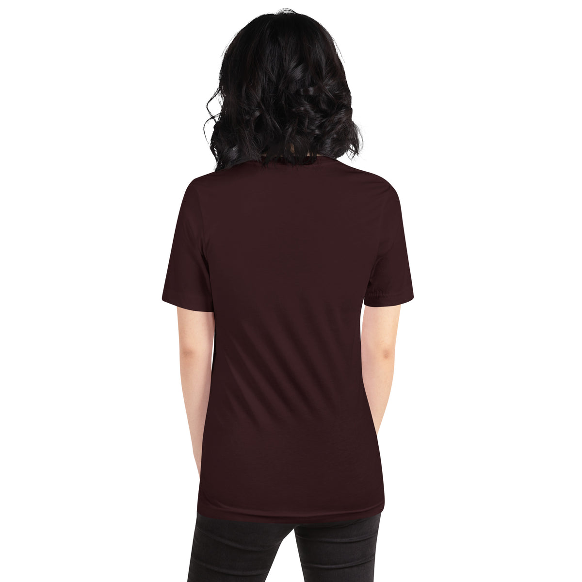 Chaos Coordinator whimsigoth design, a witchy black cat in a pointed hat, on an oxblood black unisex t-shirt, back view