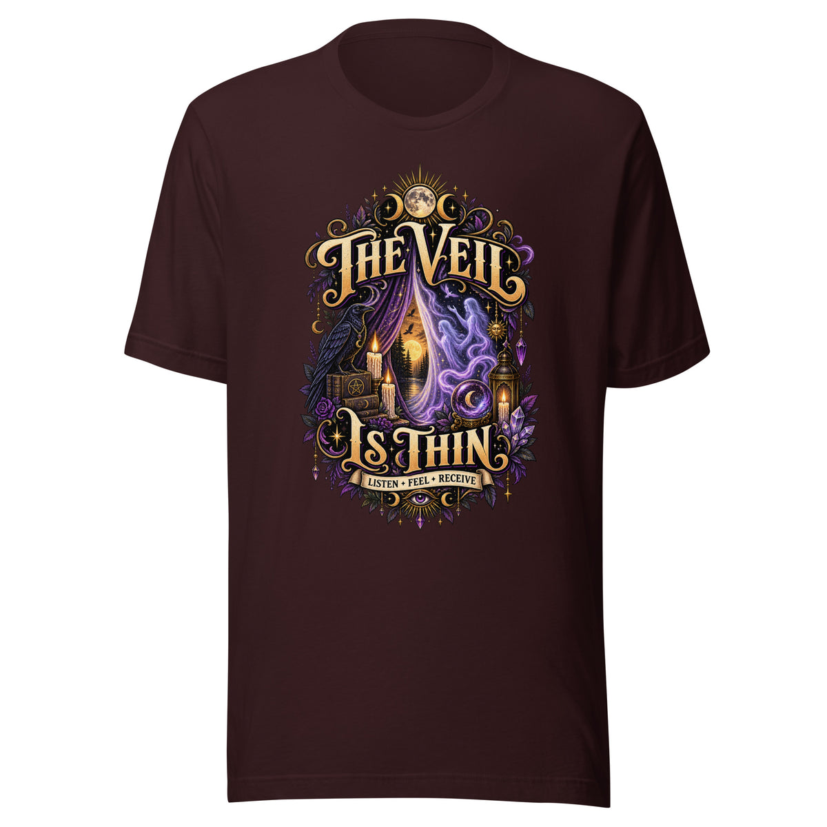 The Veil Is Thin whimsigoth design, a raven, candles and spirits rising through a parted veil, on an oxblood black unisex t-shirt, front view