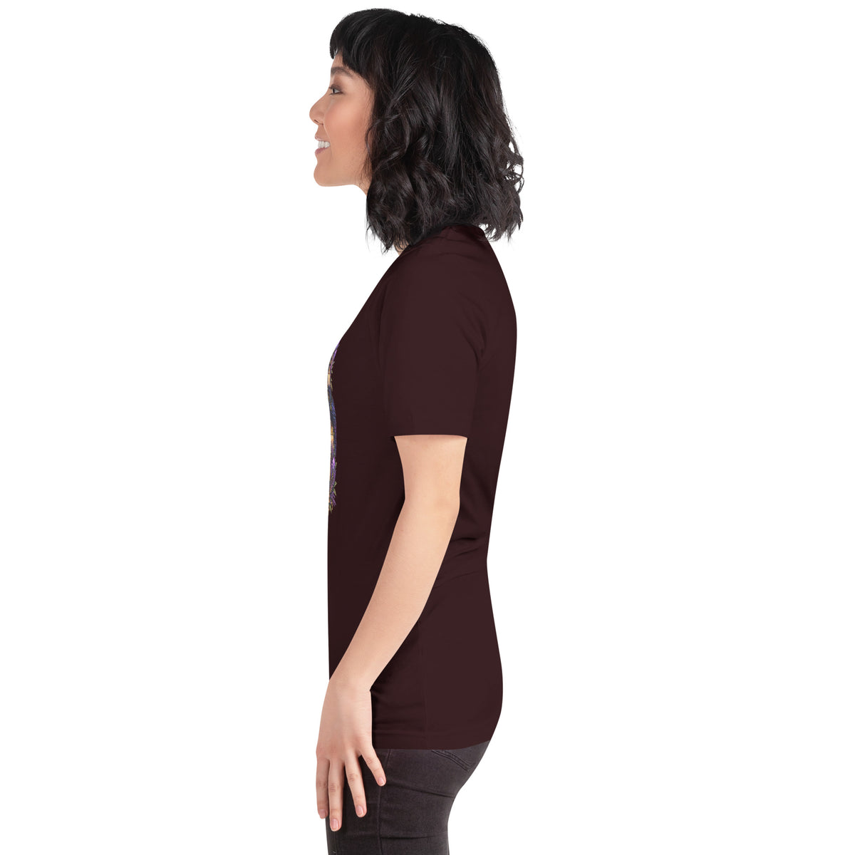 Chaos Coordinator whimsigoth design, a witchy black cat in a pointed hat, on an oxblood black unisex t-shirt, left side view