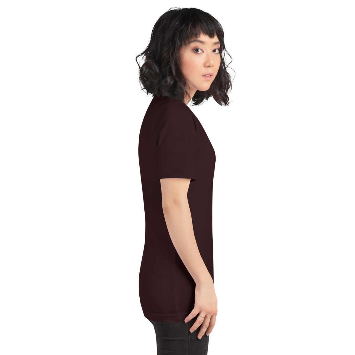 Chaos Coordinator whimsigoth design, a witchy black cat in a pointed hat, on an oxblood black unisex t-shirt, right side view