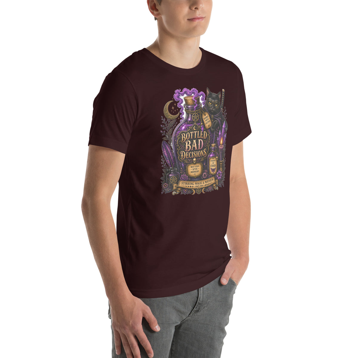 Bottled Bad Decisions whimsigoth design, a black cat and a glowing potion bottle, on an oxblood black unisex t-shirt, right front view