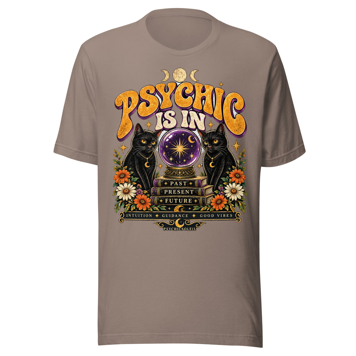 Retro Psychic Is In unisex t-shirt in pebble, front. Two black cats and a purple crystal ball in retro seventies bubble lettering.