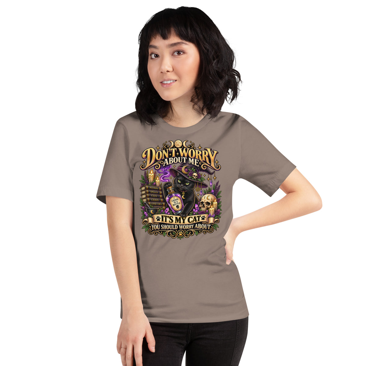 It's My Cat You Should Worry About black cat design on a Pebble unisex t-shirt, front view